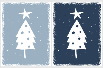 Christmas Vector Card. White Abstract Christmas Tree Isolated on a Light Blue and Dark Blue Background. Christmas Art in 2 Different Colors. Simple Infatile Style Christmas Tree Grunge Ilustrations.