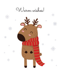 Creative postcard for Christmas and New Year with cute deer and winter slogan