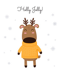 Creative postcard for Christmas and New Year with cute deer and winter slogan