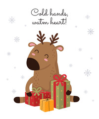 Creative postcard for Christmas and New Year with cute deer and winter slogan