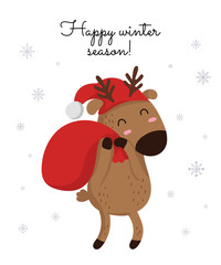 Creative postcard for Christmas and New Year with cute deer and winter slogan