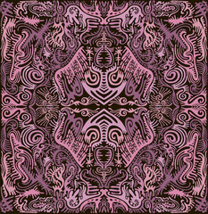 Abstract mandala with original patterns, lilac and ashen violet color contour on a dark brown background.