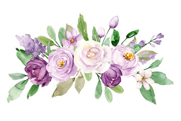 Fototapeta na wymiar Violet flowers watercolor, floral clip art. Bouquet roses perfectly for printing design on invitations, cards, wall art and other. Botanical illustration isolated on white background. Hand painting.