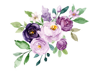 Violet flowers watercolor, floral clip art. Bouquet roses perfectly for printing design on invitations, cards, wall art and other. Botanical illustration isolated on white background. Hand painting.