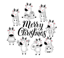 Creative collection of cute deer for Christmas and New Year. Vector cartoon doodle isolated illustration of reindeer