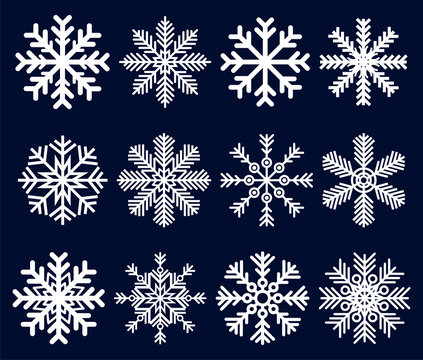 Snowflakes icons set. Various white isolated objects on a blue background. Vector drawing. Isolate.