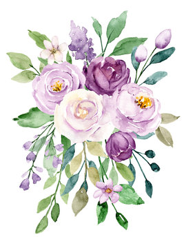 Violet flowers watercolor, floral clip art. Bouquet roses perfectly for printing design on invitations, cards, wall art and other. Botanical illustration isolated on white background. Hand painting.