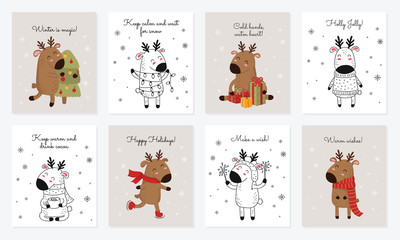 Vector collection of cards with hand drawing cute winter deer and slogan