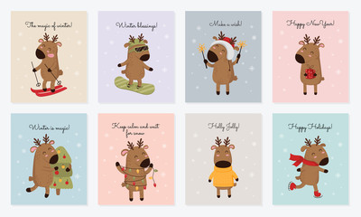 Vector collection of cards with hand drawing cute winter deer and slogan