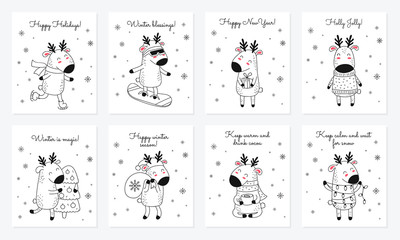 Vector collection of cards with hand drawing cute winter deer and slogan