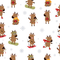 Vector seamless pattern of cards with hand drawing cute winter deer. Creative background for New Year and Christmas with reindeer