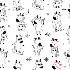 Vector seamless pattern of cards with hand drawing cute winter deer. Creative background for New Year and Christmas with reindeer