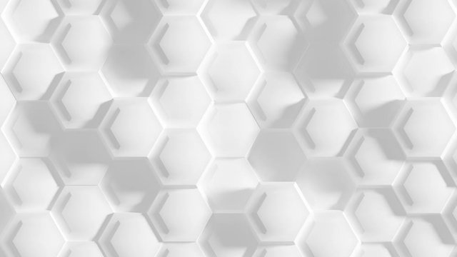 Abstract Hexagon Geometric Surface Loop 8 White: random motion animation of an array of matte white beveled hexagons. Clean futuristic background canvas in pure architectural white. 4K 