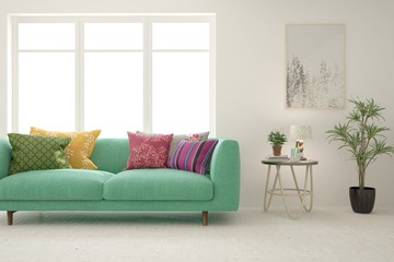 Naklejka premium Stylish room in white color with colorful sofa. Scandinavian interior design. 3D illustration