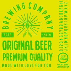 " beer " typeface. Vector hand crafted font in medieval style with hops. Good for posters, alcohol label and festival invitation.Letters and numbers.Vector illustration.