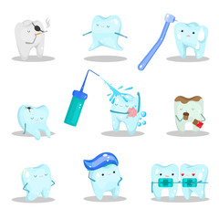 Happy and stressed teeth characters in different situations vector illustration