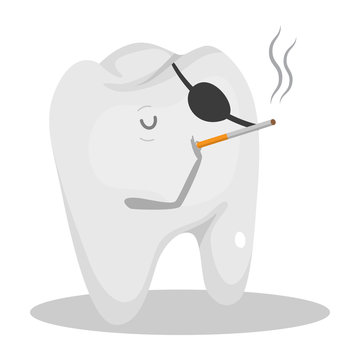 Grey tooth with one eye covered smoking cigarette vector illustration
