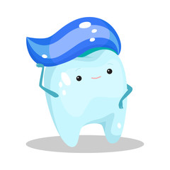 Blue healthy tooth standing with toothpaste on head vector illustration