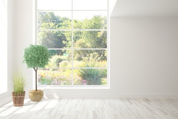 Stylish empty room in white color with home plants and summer landscape in window. Scandinavian interior design. 3D illustration