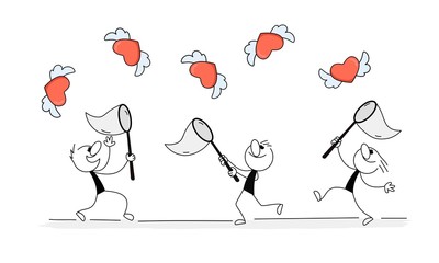 Doodle stick figure: Little men catch flying hearts.