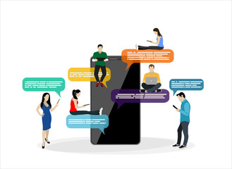 Mobile application people sitting bubbles chat interface message notifications flat white background