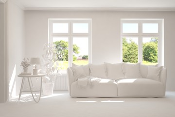 Mock up of stylish room in white color with sofa and green landscape in window. Scandinavian interior design. 3D illustration