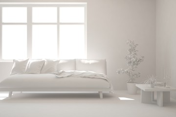 Mock up of stylish room in white color with sofa. Scandinavian interior design. 3D illustration