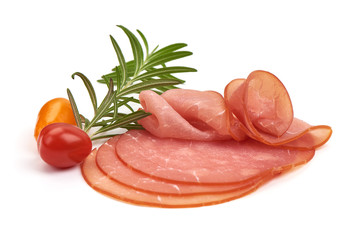 Sliced Smoked Ham sausage, isolated on white background