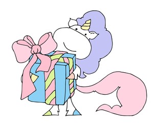 Cute fabulous unicorn isolated on a white background for logotype, coloring book, greeting card. Unicorns holding a huge gift with a bow. Vector illustrati