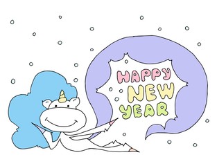 Cute fabulous unicorn isolated on a white background for logotype, coloring book, greeting card. Unicorns wishes a Happy New Year under the snow. Winter. New Year and Merry Christmas spirit.