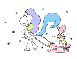 Cute fabulous unicorn isolated on a white background for logotype, coloring book, greeting card. Unicorns  lucky snowman on a sled under a snowfall. Winter. New Year and Merry Christmas spirit.