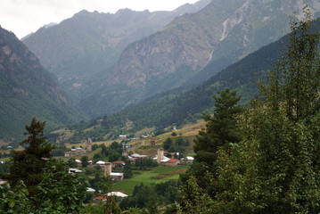 Obraz premium Ancient Svan towers in the mountain settlement Mestia