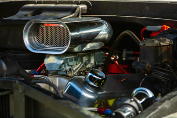 Roots type supercharger on high performance engine, chrome Air Scoop, Carburetor, Gasser Finned Air Scoop, Plain, engine parts close up