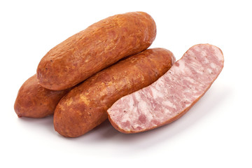 Pork Dried Sausages, smoked german sausage, isolated on white background