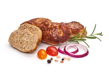 Homemade pork cutlets, meatballs from minced meat, isolated on white background