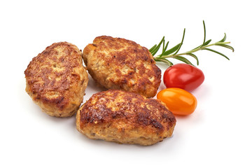 Homemade pork cutlets, meatballs from minced meat, isolated on white background