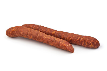 Hungarian dried sausage, spicy sausages, isolated on white background