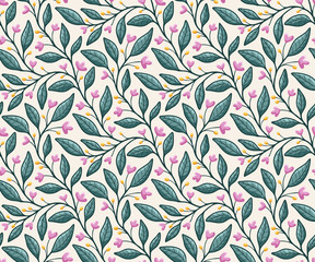 Garden floral vines and leaves seamless vector pattern, in pink and teal on light background