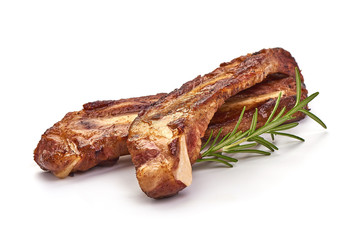 Grilled pork ribs, roasted meat with rosemary, isolated on white background