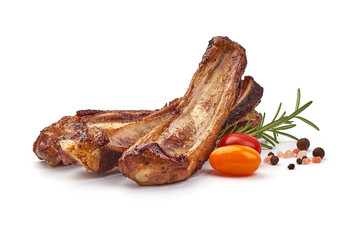 Grilled pork ribs, roasted meat with rosemary, isolated on white background