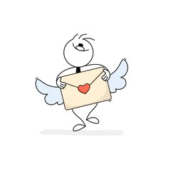 Doodle stick figure: man holds a love letter with wings.