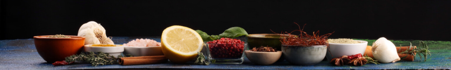 Spices and herbs on table. Food and cuisine ingredients for good cooking