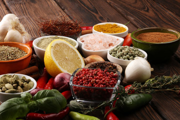 Spices and herbs on table. Food and cuisine ingredients for good cooking