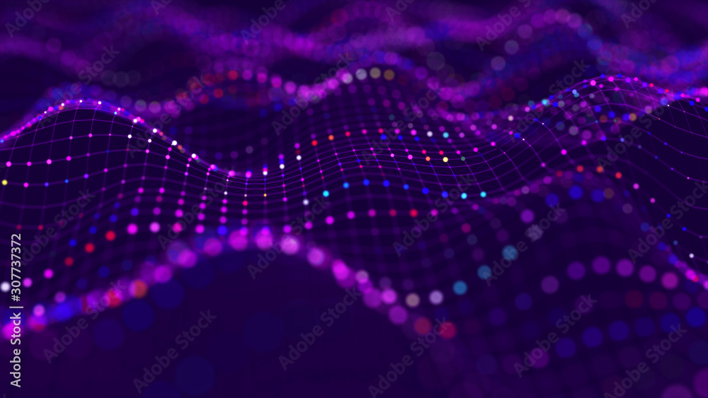 Aufkleber Futuristic dots background. Color music sound waves. Big data visualization. 3d rendering.
