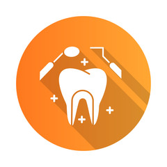 Dental care orange flat design long shadow glyph icon. Medical procedures. Dentistry. Odontology. Tooth examination. Cavity treatment. Caries prevention. Toothache. Vector silhouette illustration