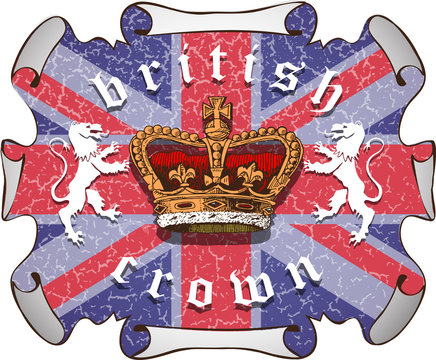 vector image of the crown of the monarch on the background of the British flag with lions in the style of heraldry