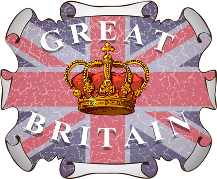vector image of the british crown on the background of the british flag in the form of a folded old rally with the inscription britain