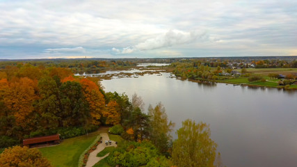 Doles Sala is  the Second Largest Island in Latvia. This is a Peninsula in the Daugava River, Near the Borders of Riga. Aerial Dron Shoot. Sunny Autumn Day.