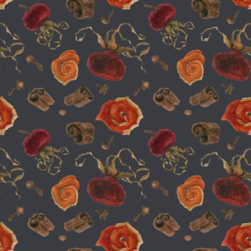 Christmas hot drink spices and hips for watercolor blue seamless pattern