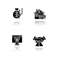 Scam types drop shadow black glyph icons set. Inheritance, home rental fraudulent scheme. Computer hacking. Employment scamming. Financial scamming. Illegal money gain. Isolated vector illustrations